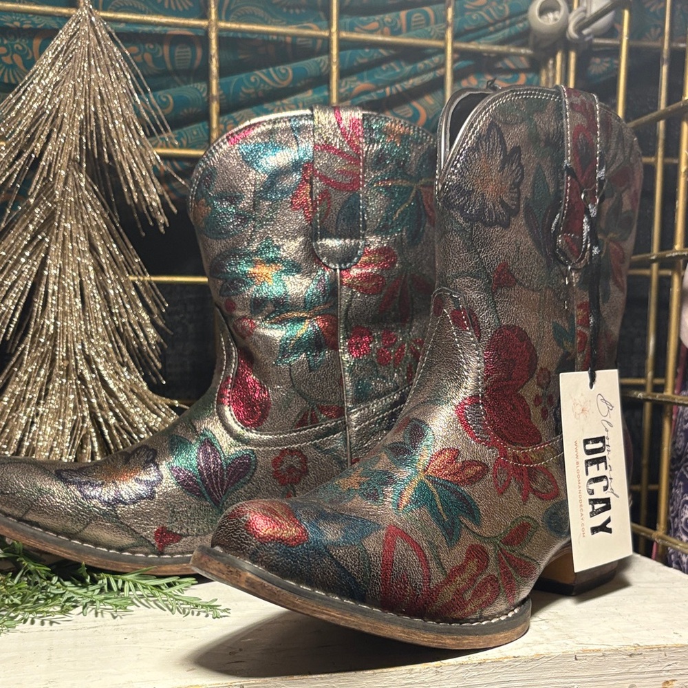 Roper Metallic Multicolor Floral Ankle Cowboy Boots Vegan Leather